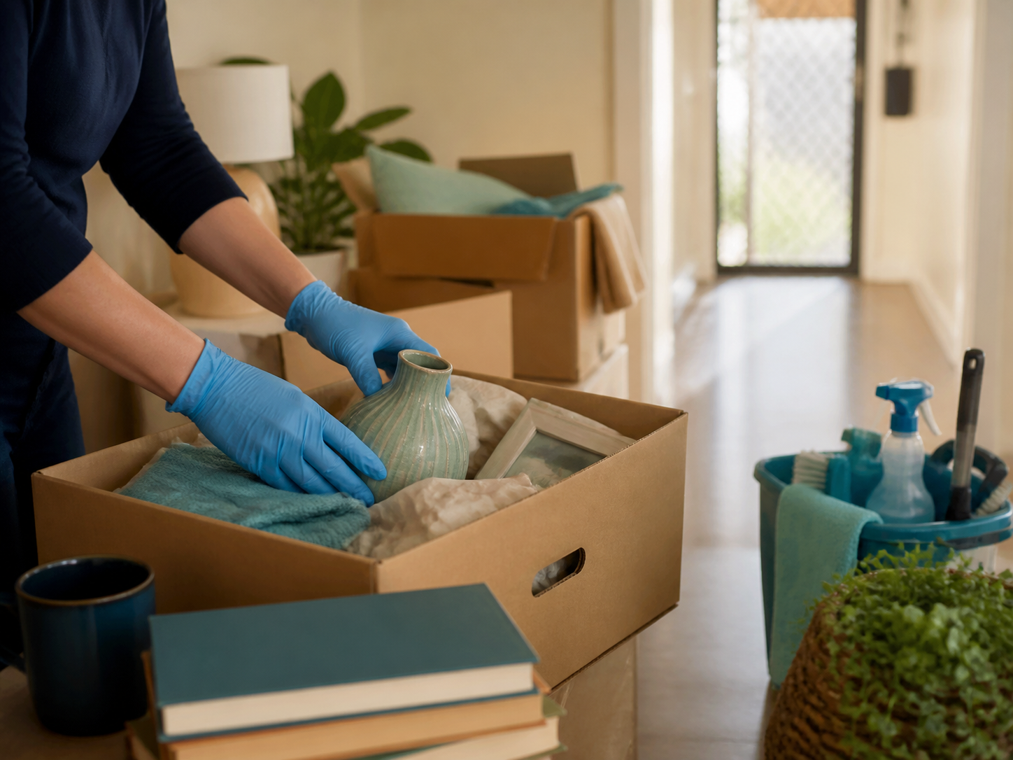 Household belongings being carefully organised into boxes during a respectful home reset