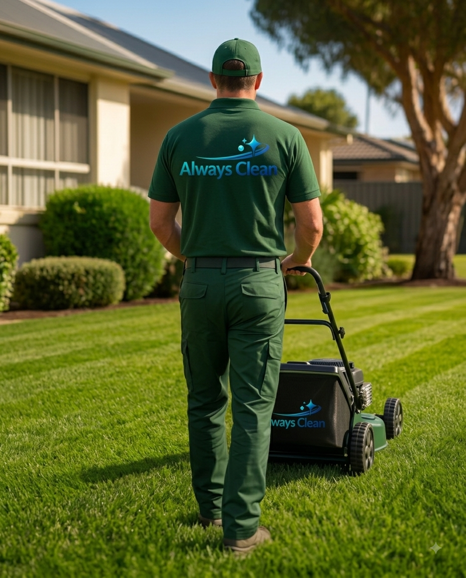 Always Clean lawn mowing worker using a mower in a tidy suburban yard