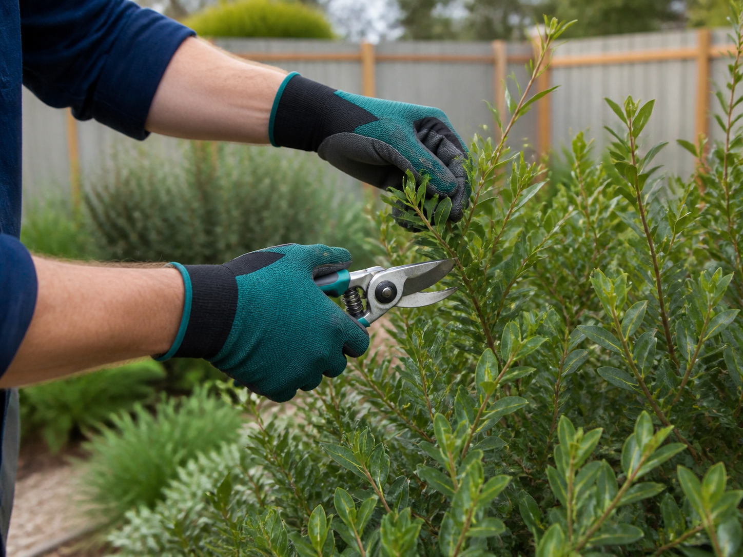 Gloved hands pruning a garden shrub with secateurs