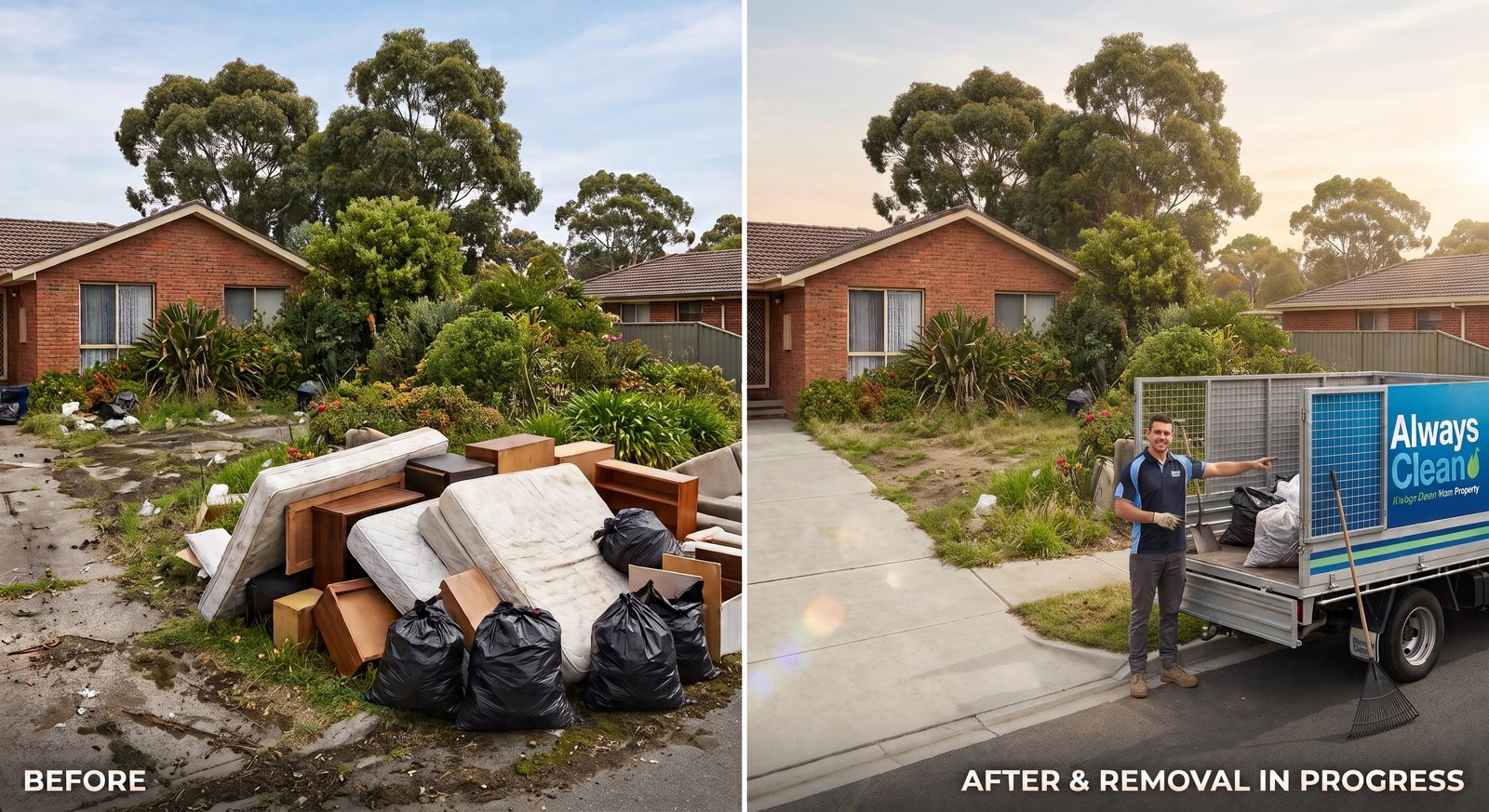 Before and after rubbish removal service at a suburban home